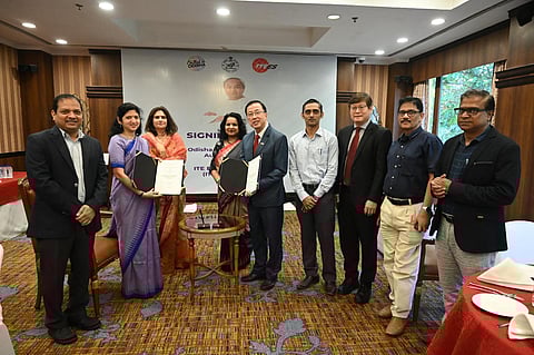 The MoU was signed by SDTE secretary Usha Padhee and ITEES CEO Bruce Poh. (Photo | Express)