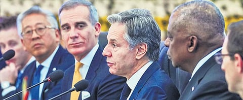 Combo photos of the fifth India-US 2+2 ministerial dialogue in progress at the Sushma Swaraj Bhavan in New Delhi on Friday | PTI