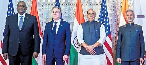 US Secretary of Defence Lloyd Austin, US Secretary of State Antony Blinken, Defence Minister Rajnath Singh and External Affairs Minister S Jaishankar before the 5th India-US 2+2 Ministerial Dialogue a
