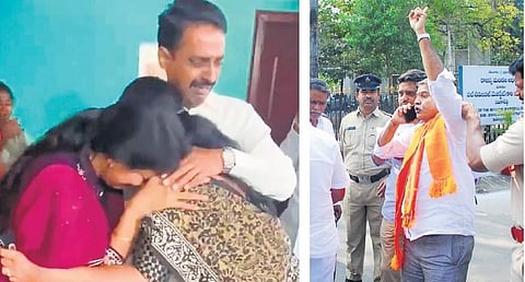 (Left) Congress leader Patel Ramesh Reddy and his family members cry inconsolably; BJP’s Rajeshwar Rao Deshpande threatens to end his life in front of the office of the returning officer in Sangareddy
