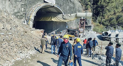 Rescue operation underway after a portion of a tunnel under construction between Silkyara and Dandalgaon on the Brahmakhal-Yamunotri national highway collapsed. ( Photo | PTI)