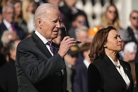 Joe Biden and Kamala Harris arrive for a wreath laying at the Tomb of the Unknown Soldier at Arlington National Cemetery, Saturday,  Nov 11, 2023. (Photo | AP)