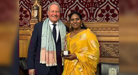 42-year-old Padmavathi receiving the 'She Inspires Women Award 2023' in the Bright Artist category at Westminster's Parliament Bhavan in London.