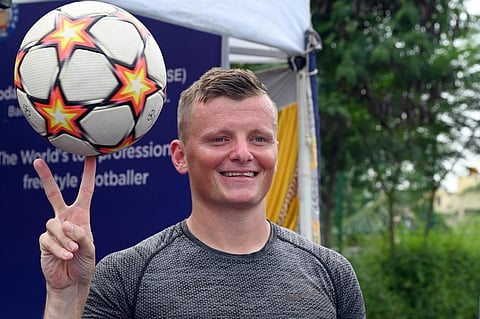 Freestyle foodballer Jamie Knight at Podar international School in Bengaluru on Friday. (Photo | Nagaraja Gadekal)