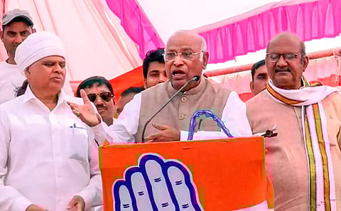 Congress President Mallikarjun Kharge addresses a public meeting ahead of Madhya Pradesh Assembly elections, in Sewda, Tuesday, Nov. 14, 2023. (PTI)