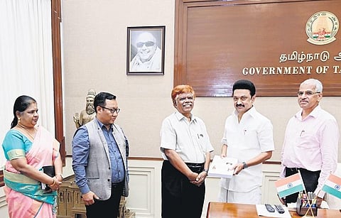 Chief Minister MK Stalin thanked Justice (retd) K Chandru for giving a detailed report without receiving any remuneration, in Chennai on Tuesday. (Photo | Express)