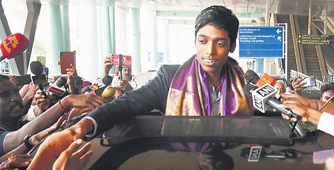 Praggnanandhaa arrives at Chennai airport on Wednesday morning. (Photo | Ashwin Prasath)