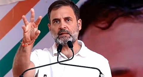 Congress leader and MP Rahul Gandhi addresses a public meeting ahead of the Madhya Pradesh Assembly elections, in Vidisha, Tuesday, Nov. 14, 2023. (PTI)