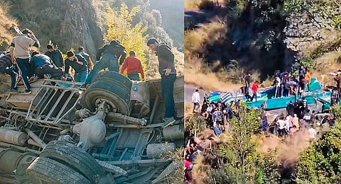 Rescue operation underway after a bus carrying passengers fell into a gorge, in Doda district of Jammu & Kashmir, on Nov. 15, 2023. (PTI)