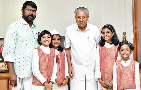 Chief Minister Pinarayi Vijayan with the child leaders of the State Council for Child Welfare and council general secretary G Arun Gopi