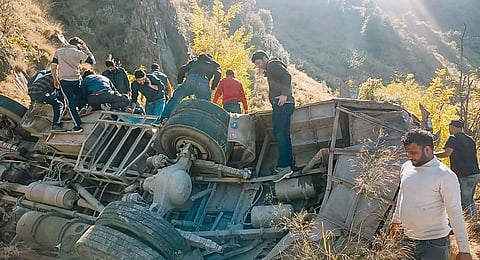 The bus that skidded off the road and rolled down into a 300-foot gorge in Doda district on Wednesday | PTI