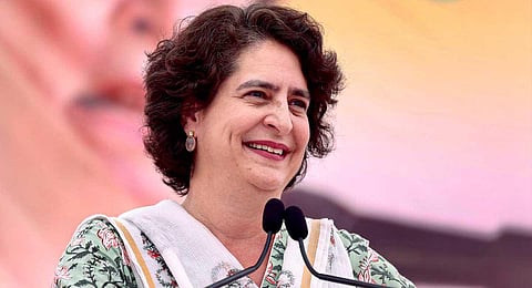 Congress leader Priyanka Gandhi Vadra addresses a public meeting for Assembly polls in Datia, Madhya Pradesh, Wednesday, Nov. 15, 2023. (PTI)