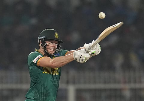 David Miller hits a boundary during the World Cup semifinal between Australia and South Africa in Kolkata (Photo | AP)