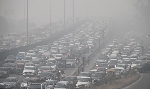 Vehicles stuck in a traffic jam on Delhi-Gurugram Expressway amid low visibility due to smog, in Gurugram, Thursday, Nov. 16, 2023. (PTI)