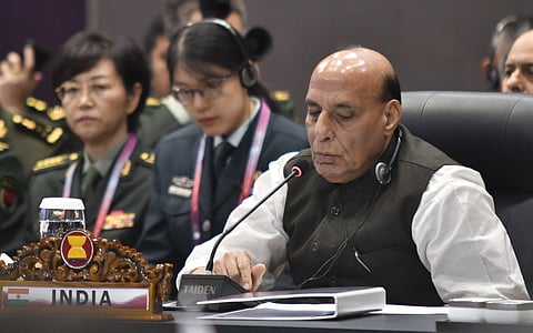 Rajnath Singh speaking at the 10th ASEAN Defence Ministers’ Meeting - Plus (ADMM-Plus) in Jakarta (Photo | Twitter)