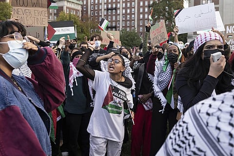 Palestinian supporters gather for a protest at Columbia University, Thursday, Oct. 12, 2023, in New York. (Photo | AP)