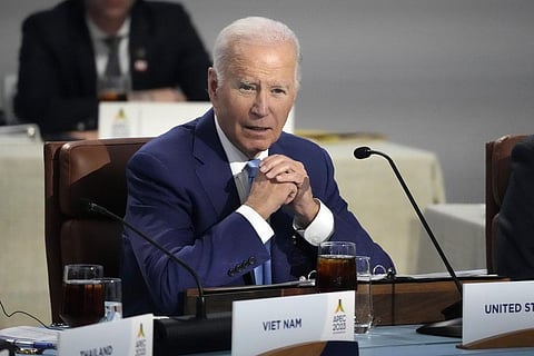 President Joe Biden speaks while sitting next to other leaders during the Asia-Pacific Economic Cooperation (APEC) conference, Thursday, Nov. 16, 2023, in San Francisco. (Photo | AP)