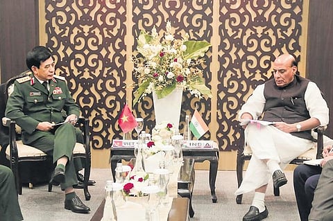 Defence Minister Rajnath Singh and Vietnam counterpart Phan Van Giang on the sidelines of the ASEAN Defence Ministers’ Meeting-Plus in Jakarta on Thursday | pti