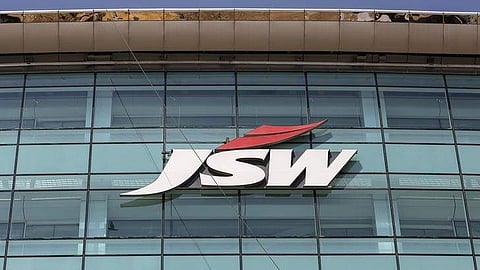 The logo of JSW is seen on the company's headquarters in Mumbai, India. (File photo)