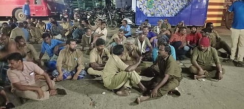 TNSTC workers in Papanasam depot of Tirunelveli district staged a protest demanding arrest of three persons who hacked a driver and conductor of a government bus. (Photo | Express)