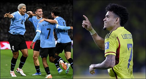 Uruguay's Ronald Araujo celebrates with teammates scoring the opening goal against Argentina; Colombia's Luis Diaz celebrates scoring his side's opening goal against Brazil. (Photo | AP)