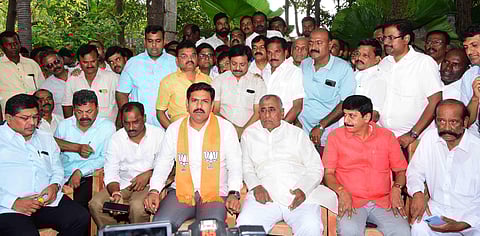 Karnataka BJP president BY Vijayendra addresses reporters in Chitradurga on Thursday. (Photo | Express)