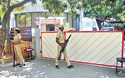 FILE - Police personnel in front of an MGM Group office in Chennai. (Photo | Ashwin Prasath)