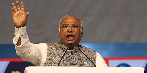 AICC president Mallikarjun Kharge during the release of the party manifesto for the upcoming Telangana State Assembly Elections at Gandhi Bhavan in Hyderabad. (Photo | Sri Loganathan Velmurugan)