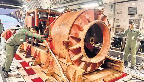 Another horizontal drilling auger machine loaded onto an IAF C-17 aircraft before it is airlifted from Indore to Dehradun | PTI