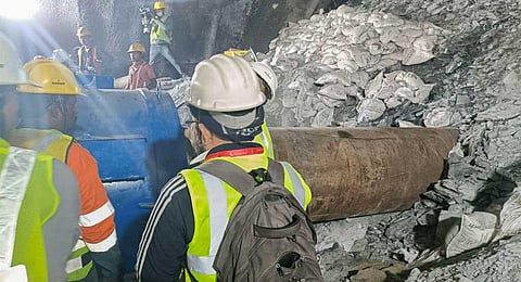 A drilling machine that has been used in the rescue operation after a portion of an under-construction tunnel between Silkyara and Dandalgaon collapsed in Uttarkashi district. (PTI Photo)