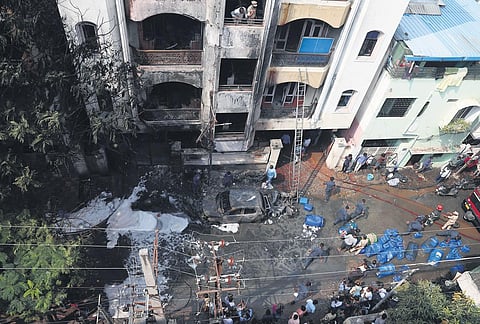 An aerial view of the building that caught fire at Bazarghat in Nampally |Sri Loganathan Velmurugan
