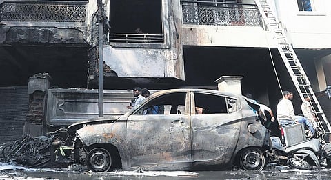 Fire broke out in a chemical warehouse at Bazar Ghat in Nampally, Hyderabad. (Photo | Sri Loganathan Velmurugan, EPS)