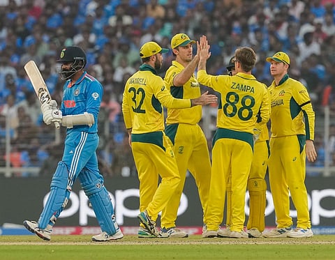 Australia's Adam Zampa with teammates celebrates the wicket of Jasprit Bumrah during the ICC Mens Cricket World Cup 2023 | PTI