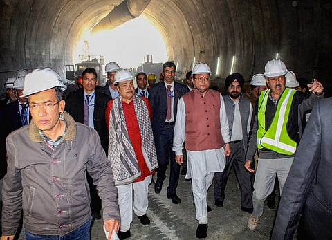 Union Minister for Road Transport and Highways Nitin Gadkari and Uttarakhand Chief Minister Chief Minister Pushkar Singh Dhami review the rescue operation in Silkyara tunnel. (Photo | PTI)