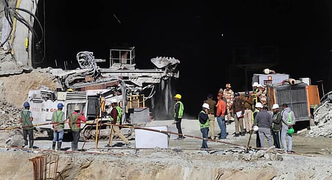 Rescue and relief operations underway after a portion of a tunnel under construction between Silkyara and Dandalgaon. (Photo | PTI)