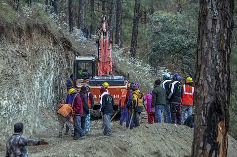 Preparations for vertical drilling underway as rescue work continues after collapse of a portion of the under construction tunnel in Uttarkashi district. (Photo | PTI)