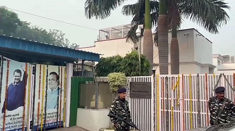 Security personnel stand guard outside the premises of Delhi Cabinet Minister and AAP leader Raaj Kumar Anand during a raid by ED officials, in New Delhi, Thursday, Nov. 2, 2023. (Photo | PTI)
