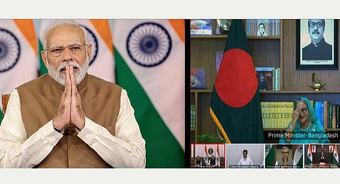 Prime Ministers Narendra Modi and Sheikh Hasina inaugurate three development projects virtually on Wednesday. (Photo | PTI)