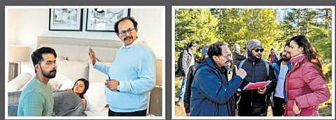 Nagathihalli Chandrashekar along with Shanvi Srivastav, Pruthvi Ambaar  and Nirup Bhandari on the sets of Amara Madhura Prema