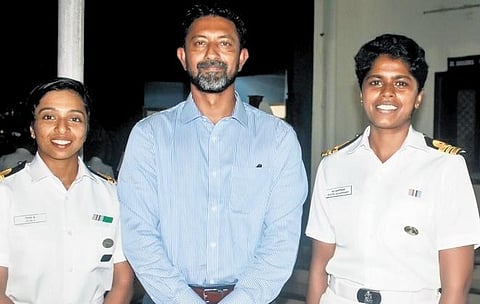 Retired commander Abhilash Tomy (centre) with lieutenant commanders Dilna K and Roopa Alagirisamy | express