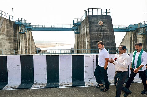 Congress leader Rahul Gandhi with Telangana Congress President Revanth Reddy visits Medigadda barrage, a part of the Kaleshwaram project, on Thursday, Nov. 2, 2023. (PTI)