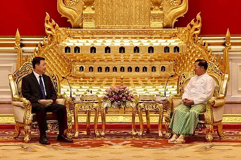 Myanmar's military chief Min Aung Hlaing (R) meeting with China's Minister of Public Security Wang Xiaohong in Naypyidaw. (Photo | AP)