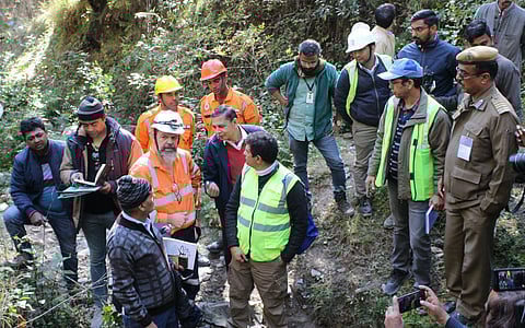 International Tunnelling and Underground Space Association president Arnold Dix reviews the tunnel collapse site in Uttarkashi district, Monday, Nov. 20, 2023. (Photo | PTI)