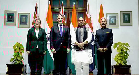 Defence Minister Rajnath Singh and External Affairs Minister Jaishankar receive Australian Deputy PM and Defence Minister Richard Marles and Foreign Affairs Minister Penny Wong in New Delhi. (PTI)