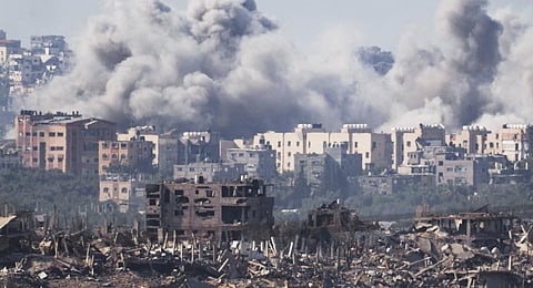 Smoke rises following an Israeli airstrike in the Gaza Strip, as seen from southern Israel, Tuesday, Nov. 21, 2023. (Photo | AP))