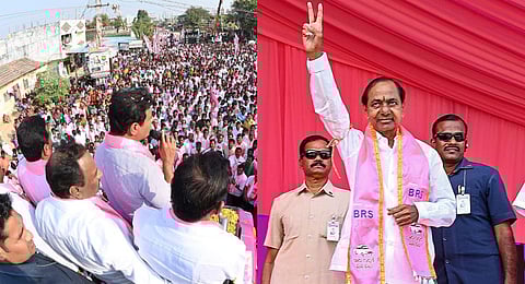 (L) Telangana cabinet minister KT Rama Rao addresses a gathering in Kamareddy district; (R) Chief Minister K Chandrashekar Rao waves during a rally in Karimnagar. (Photos | PTI)