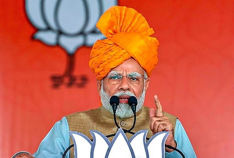 Prime Minister Narendra Modi speaks during a public meeting ahead of Rajasthan Assembly elections, at Anta in Baran district, Tuesday, Nov. 21, 2023. (Photo | PTI)