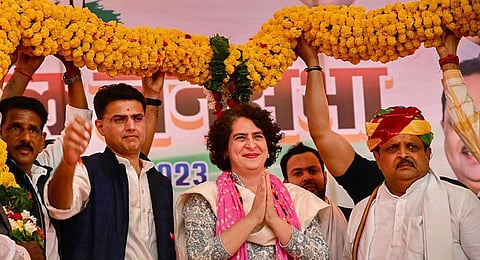 Congress leaders Priyanka Gandhi Vadra and Sachin Pilot during a public meeting ahead of Rajasthan Assembly elections, in Jahazpur, Monday, Nov. 20, 2023. (PTI)
