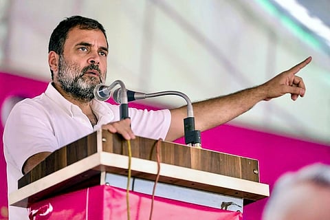 Congress leader Rahul Gandhi addresses a public meeting ahead of Rajasthan Assembly elections, in Vallabhnagar, Tuesday, November 21, 2023. (Photo | PTI)
