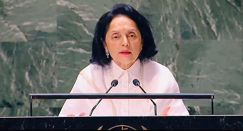 FILE - India's Permanent Representative to the UN, Ambassador Ruchira Kamboj, speaks at the UN General Assembly. (Screengrab | X@IndiaUNNewYork)